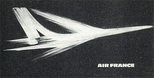 Художественное оформление к объявлению французской авиакомпании (Франция); впечатление скорости создано графическим рисунком